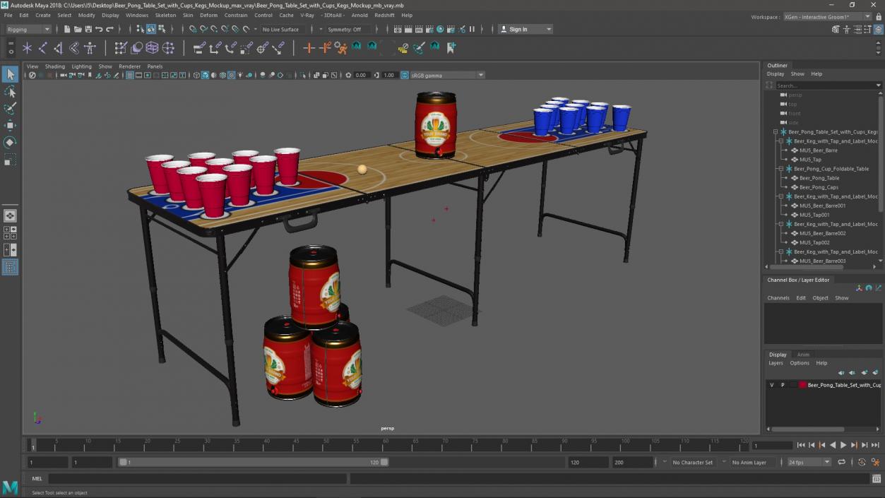 3D Beer Pong Table Set with Cups Kegs Mockup