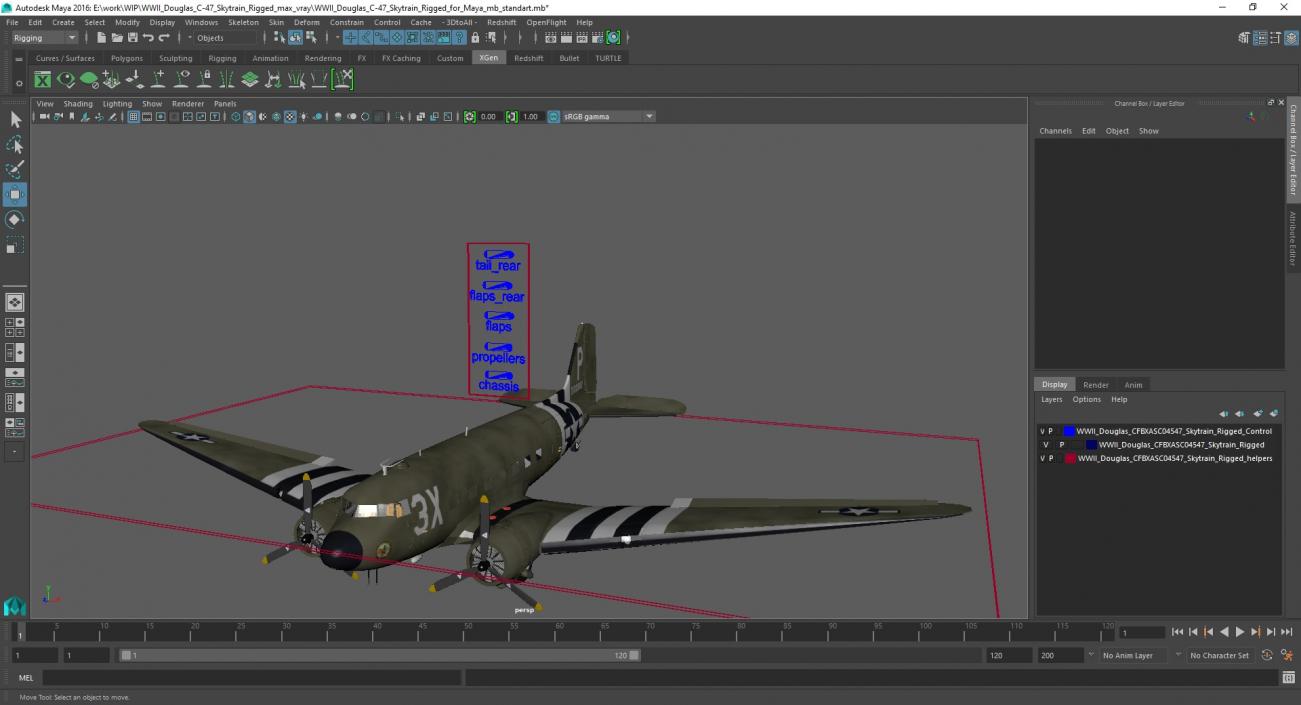 WWII Douglas C-47 Skytrain Rigged for Maya 3D