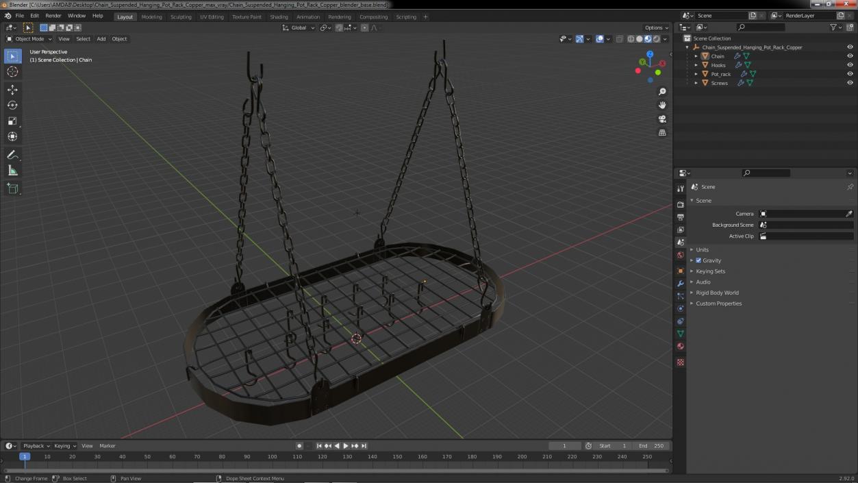 Chain Suspended Hanging Pot Rack Copper 3D model