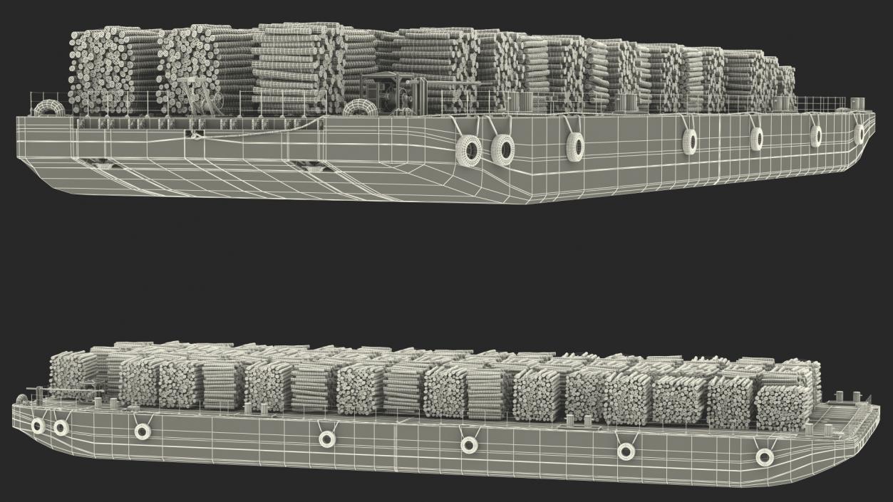 3D model Pontoon Barge Loaded Wood Logs