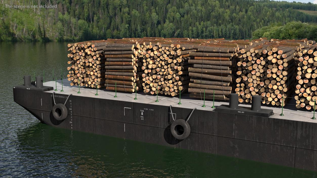 3D model Pontoon Barge Loaded Wood Logs