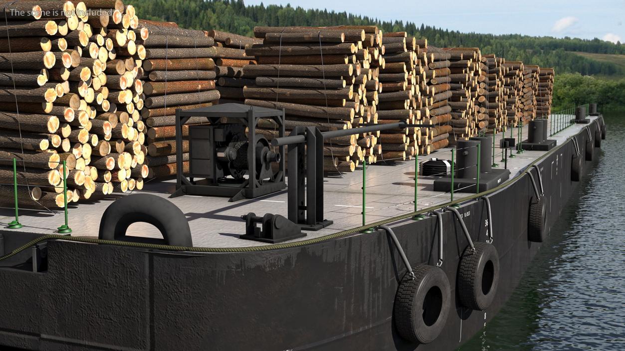 3D model Pontoon Barge Loaded Wood Logs