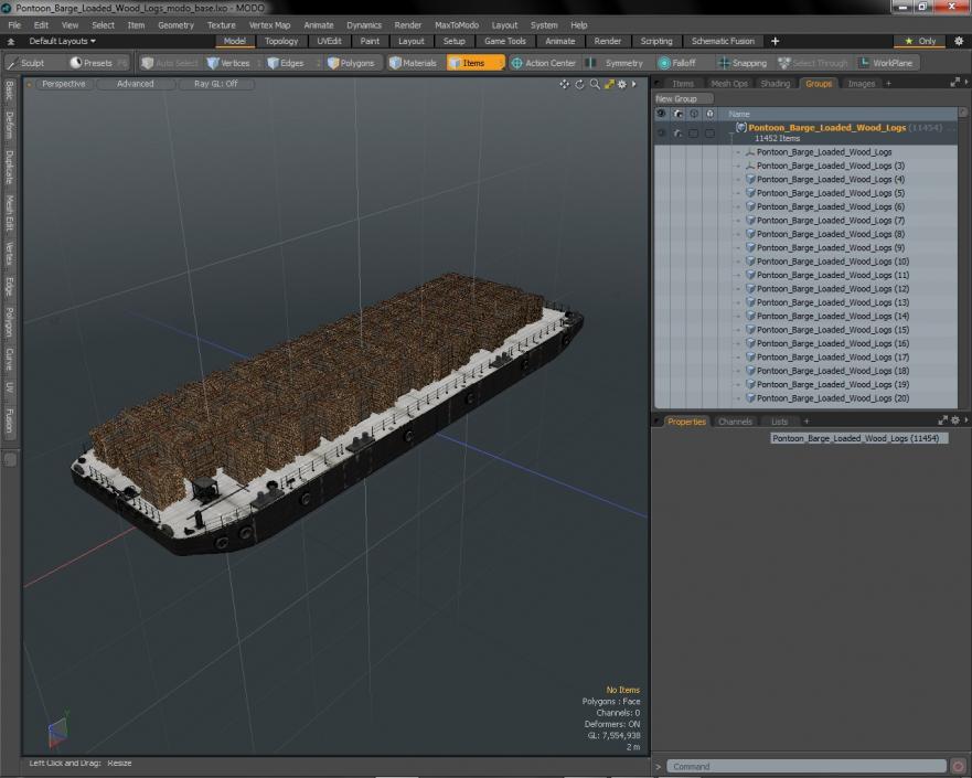 3D model Pontoon Barge Loaded Wood Logs