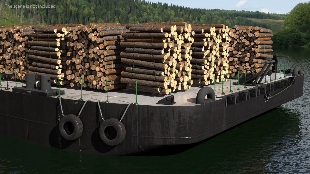 3D model Pontoon Barge Loaded Wood Logs