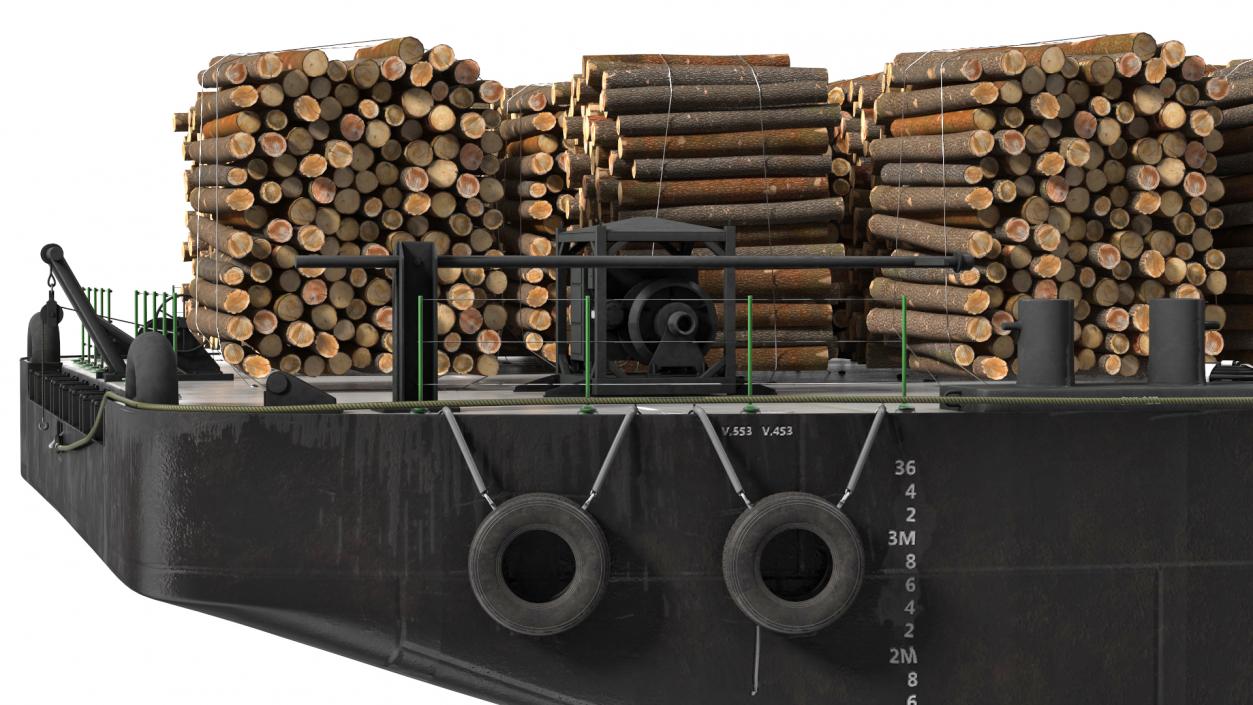 3D model Pontoon Barge Loaded Wood Logs