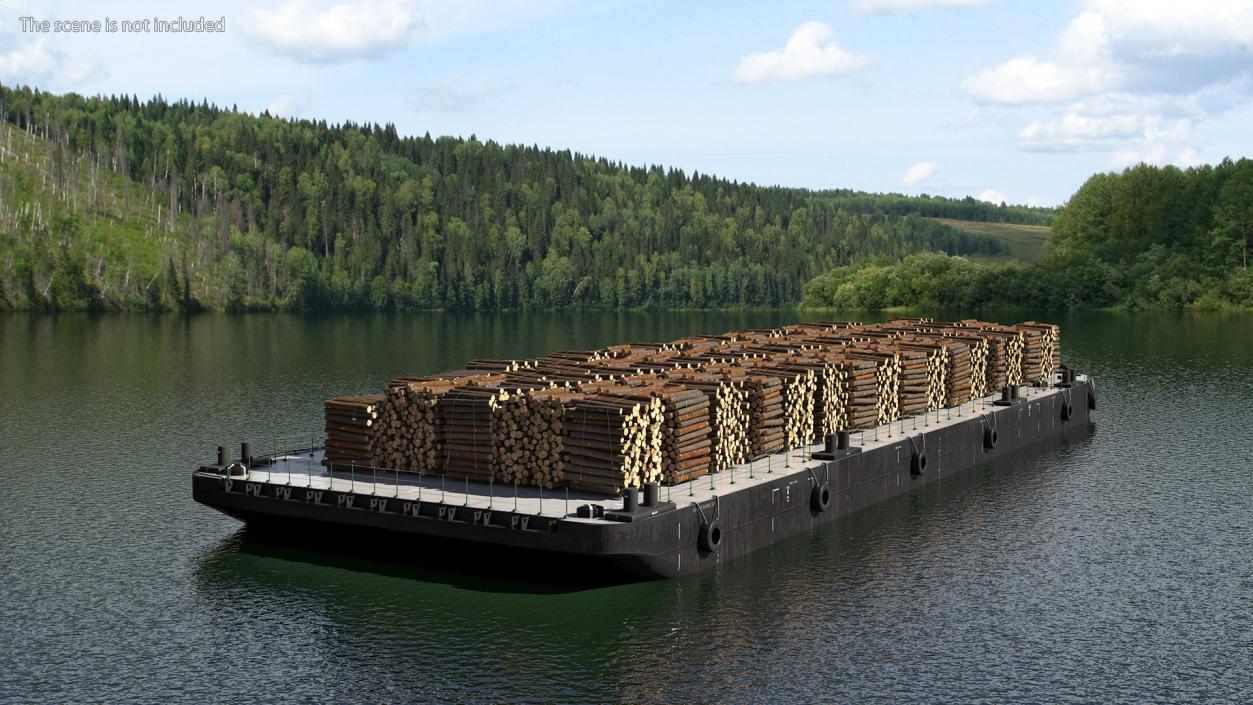 3D model Pontoon Barge Loaded Wood Logs