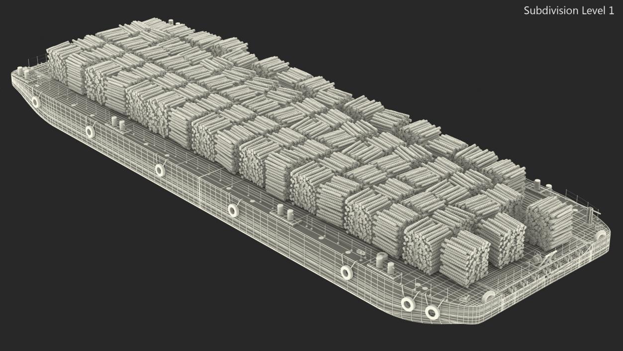 3D model Pontoon Barge Loaded Wood Logs