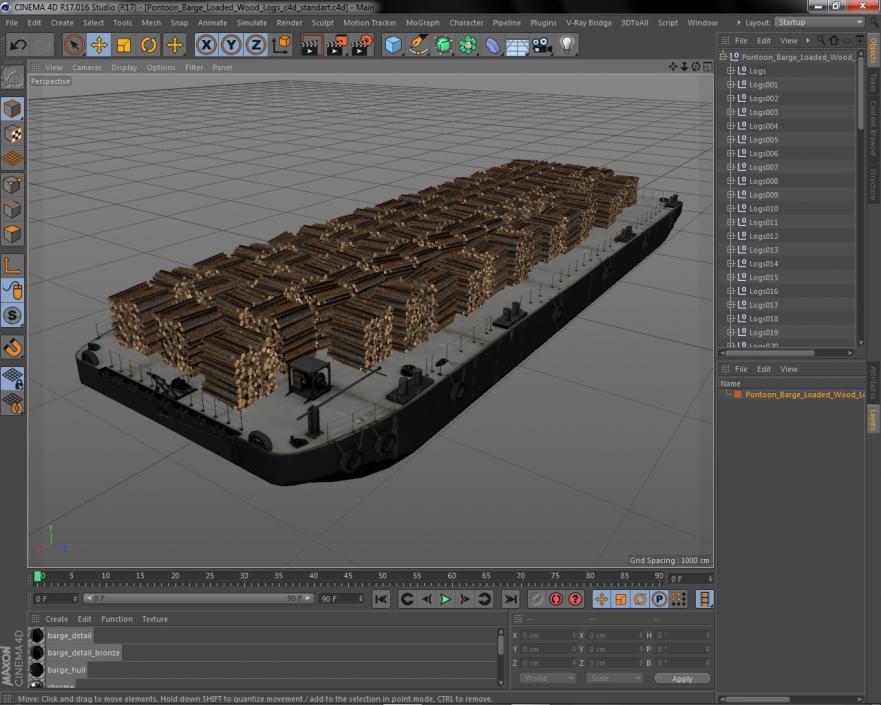 3D model Pontoon Barge Loaded Wood Logs