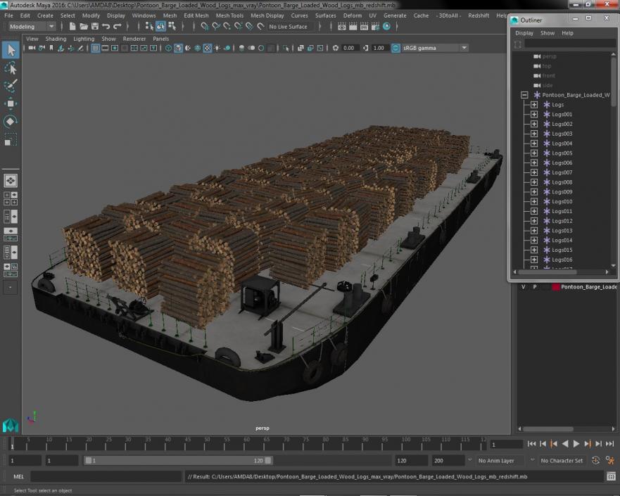 3D model Pontoon Barge Loaded Wood Logs