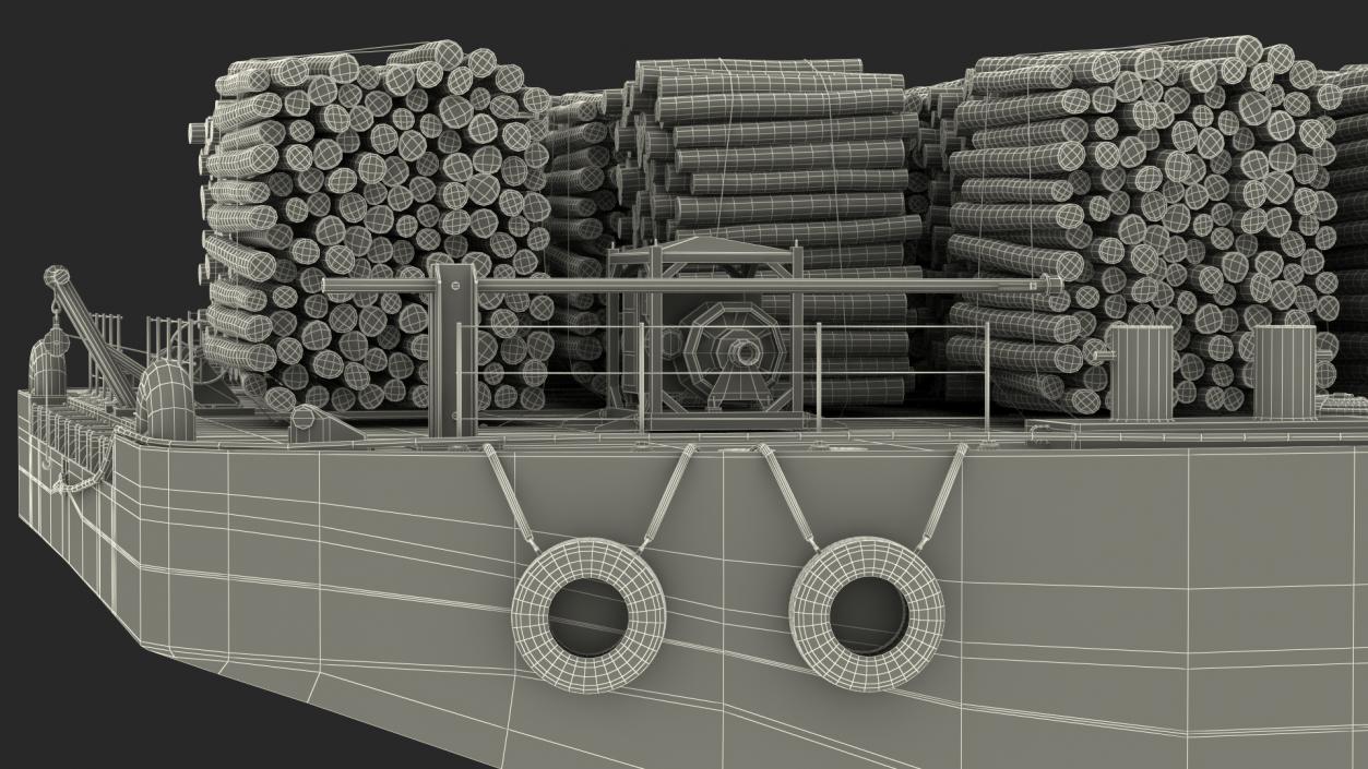 3D model Pontoon Barge Loaded Wood Logs