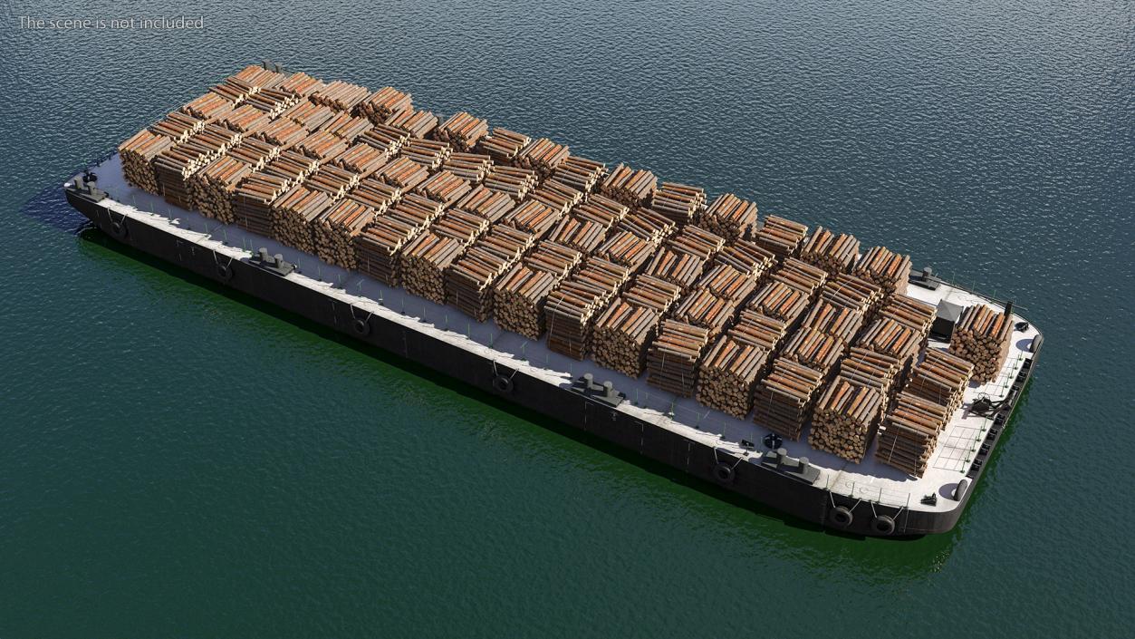 3D model Pontoon Barge Loaded Wood Logs