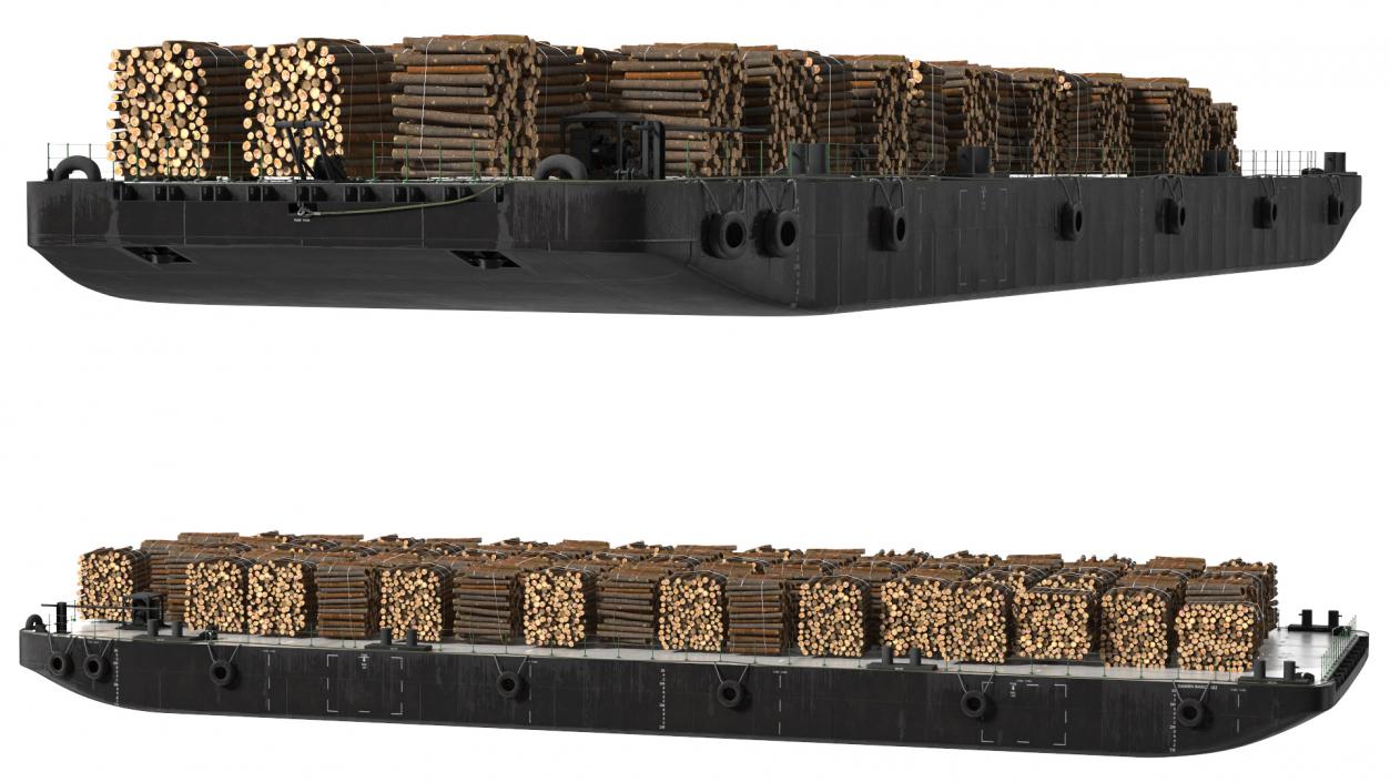 3D model Pontoon Barge Loaded Wood Logs