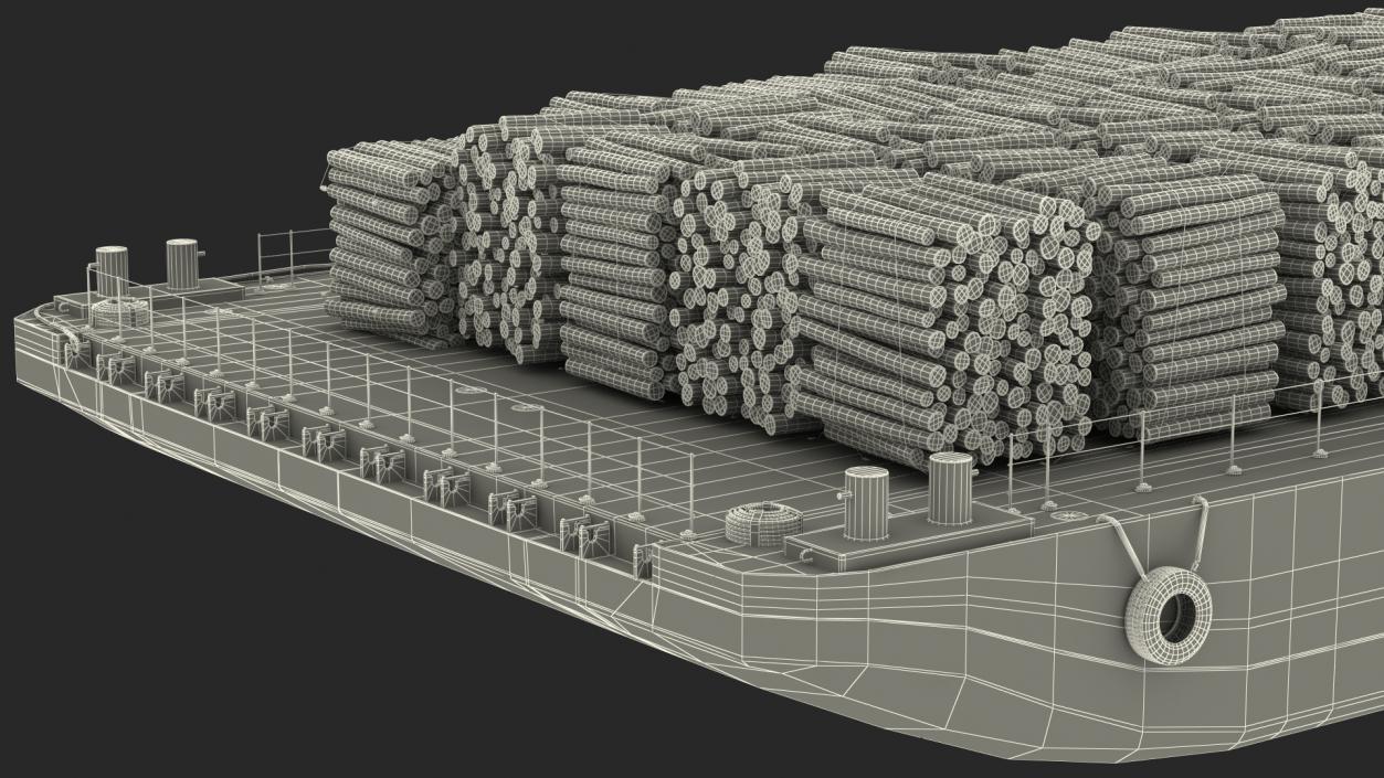 3D model Pontoon Barge Loaded Wood Logs