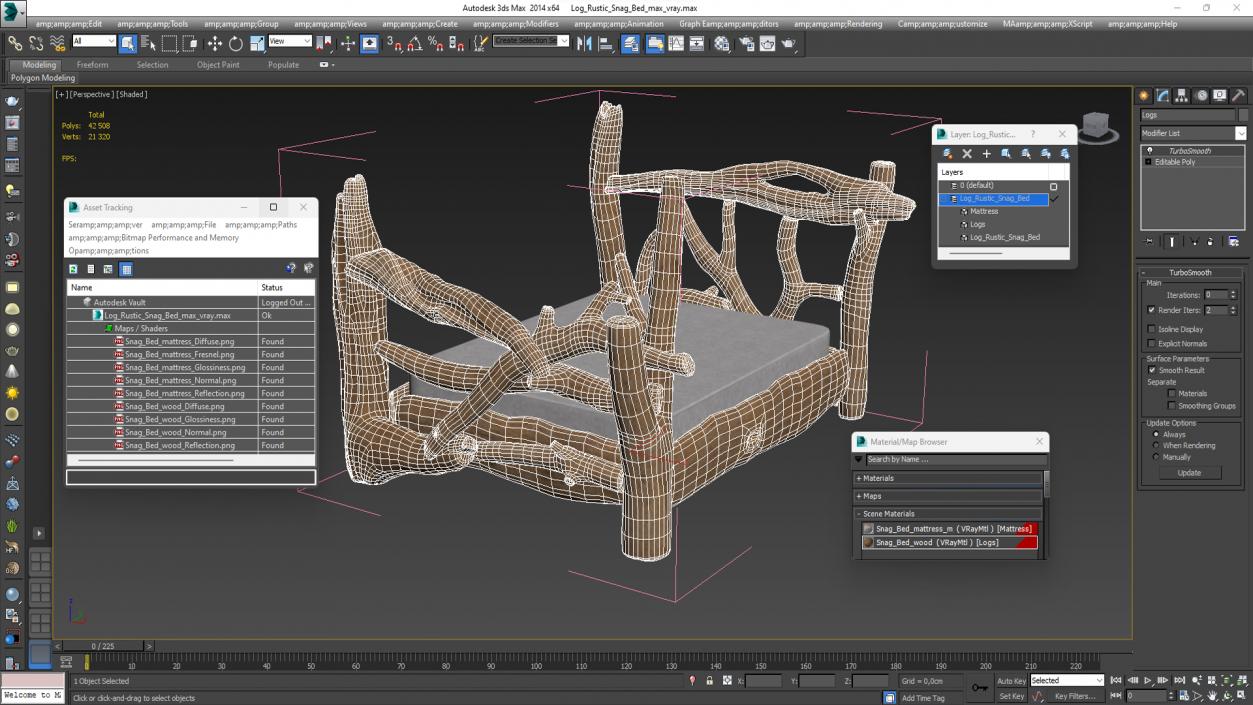 Log Rustic Snag Bed 3D model