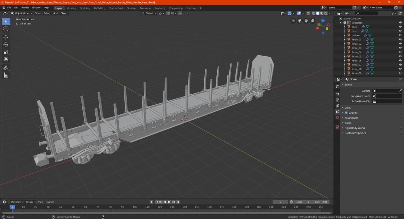 Four Axled Stake Wagon Empty Dirty 3D model