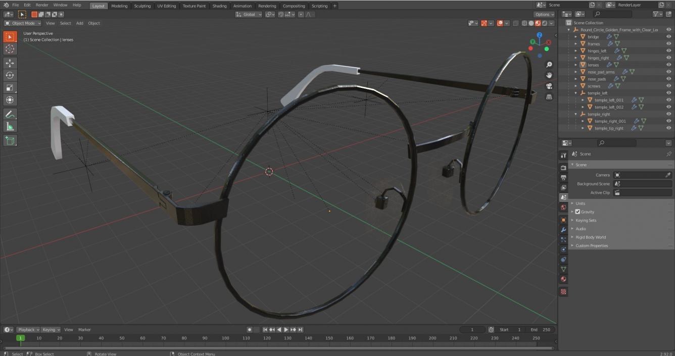 Round Circle Golden Frame with Clear Lens Glasses 3D model