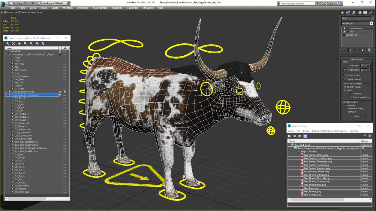 Texas Longhorn Mottled Brown Fur Rigged 3D model