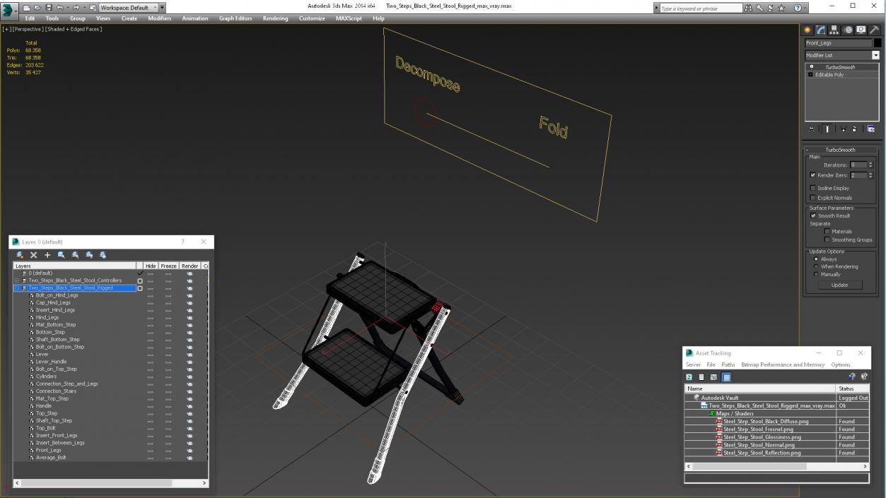 3D Two Steps Black Steel Stool Rigged for Cinema 4D model