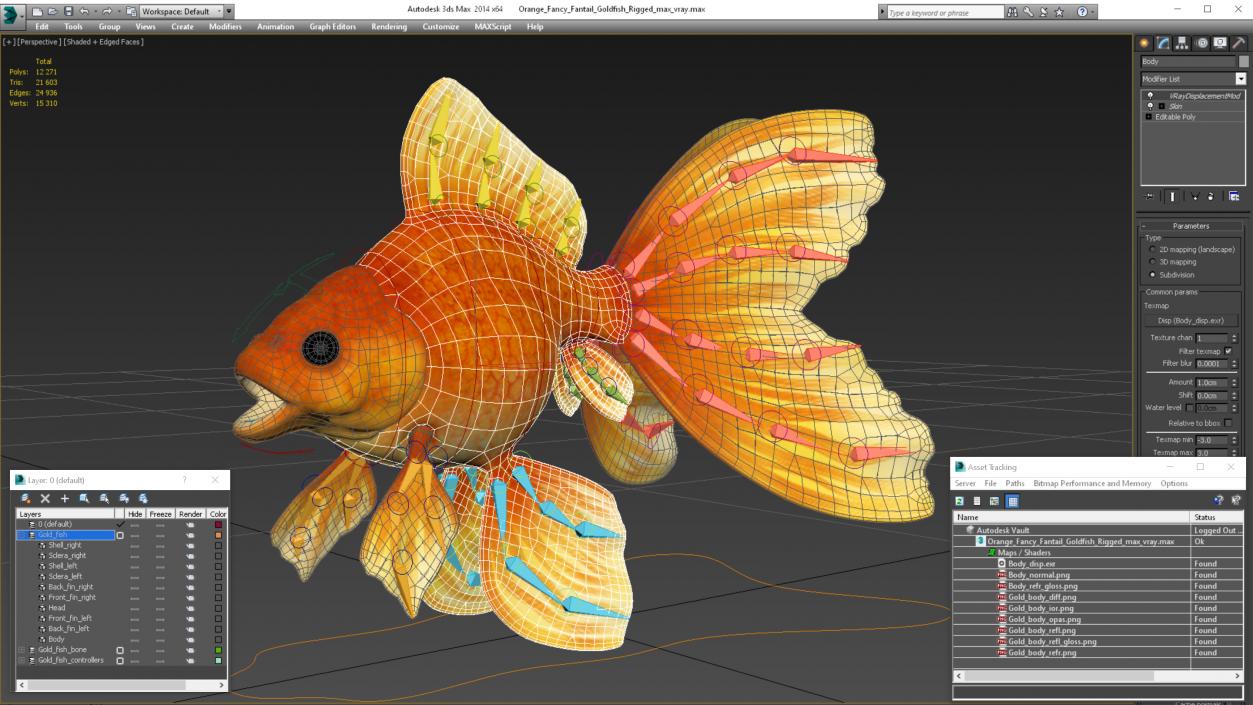 3D Orange Fancy Fantail Goldfish Rigged