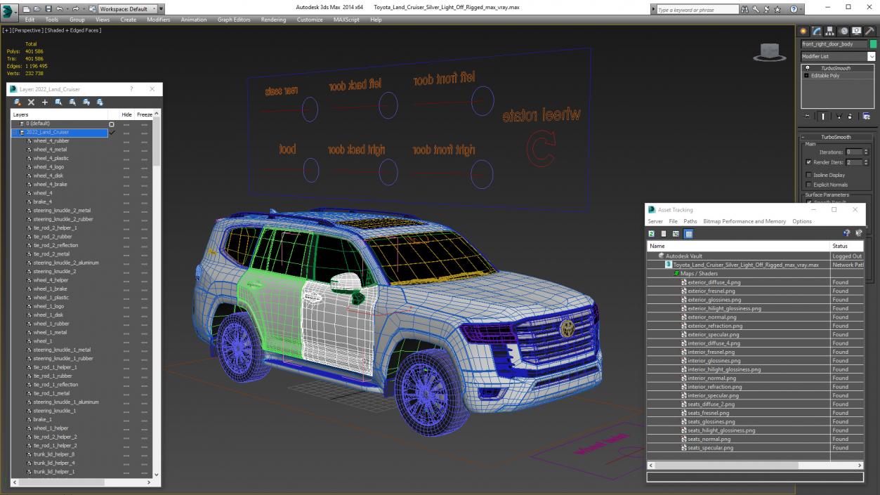 3D Toyota Land Cruiser Silver Light Off Rigged model