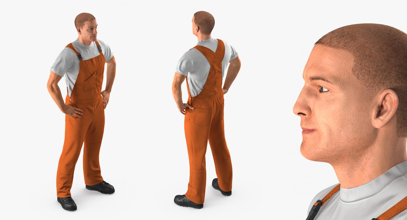 Worker Wearing Orange Overalls Rigged 3D