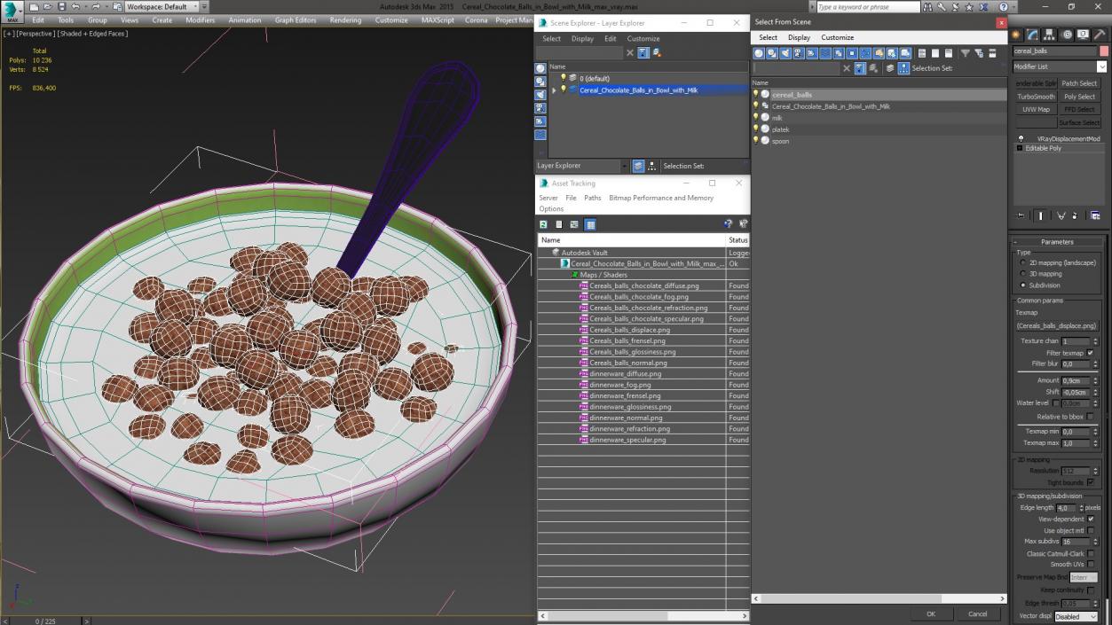 3D model Cereal Chocolate Balls in Bowl with Milk