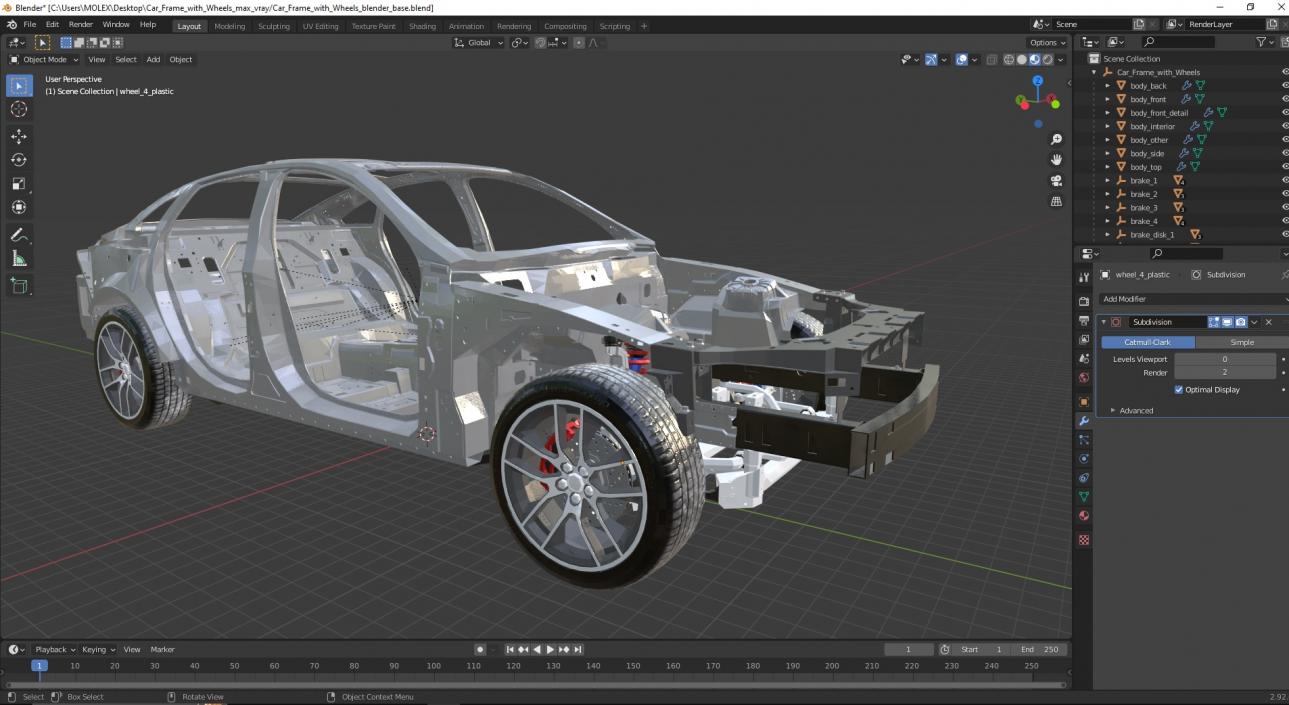 3D Car Frame with Wheels