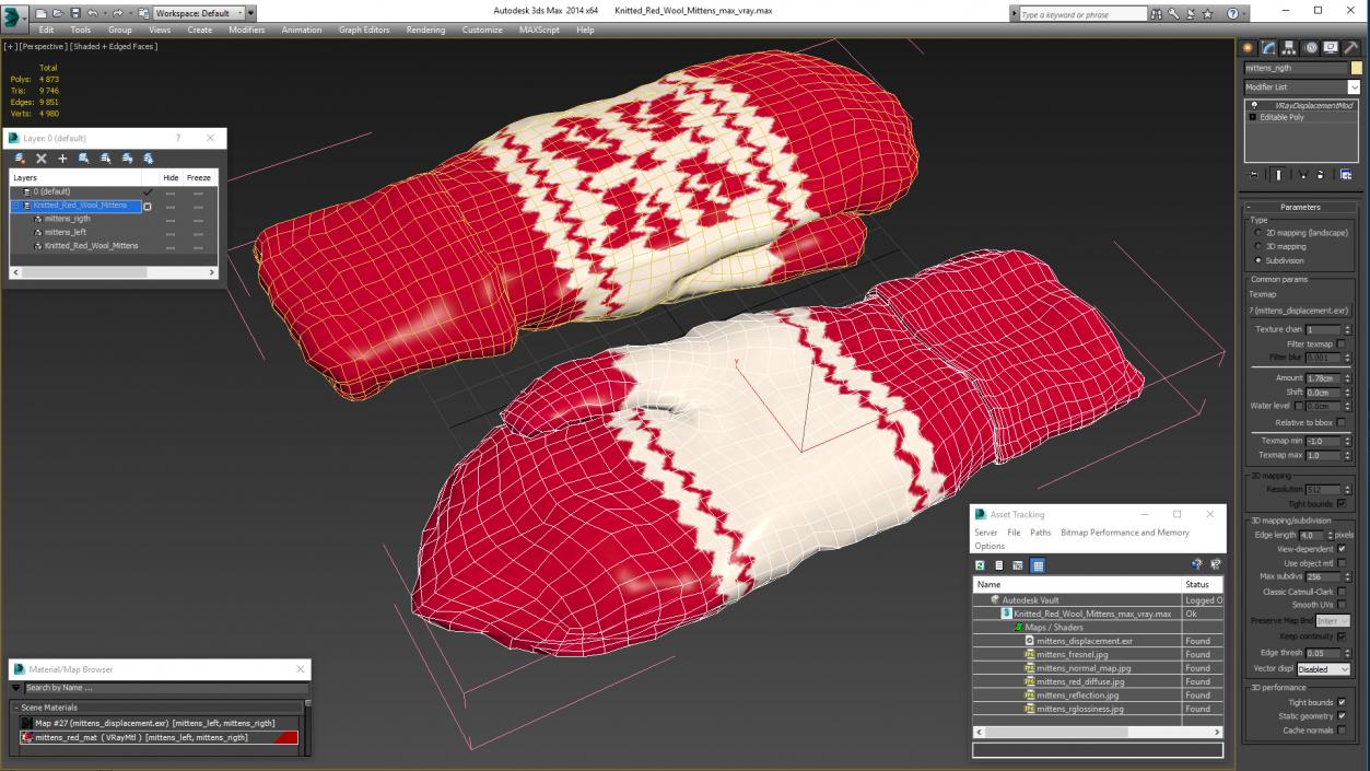 Knitted Red Wool Mittens 3D model