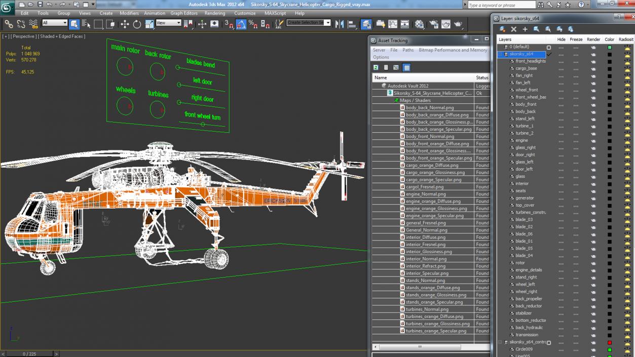 3D Sikorsky S-64 Skycrane Helicopter Cargo Rigged