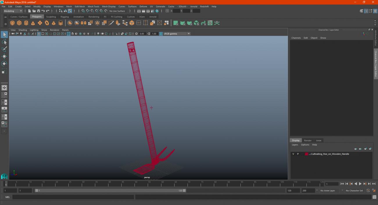 Cultivating Hoe on Wooden Handle 3D