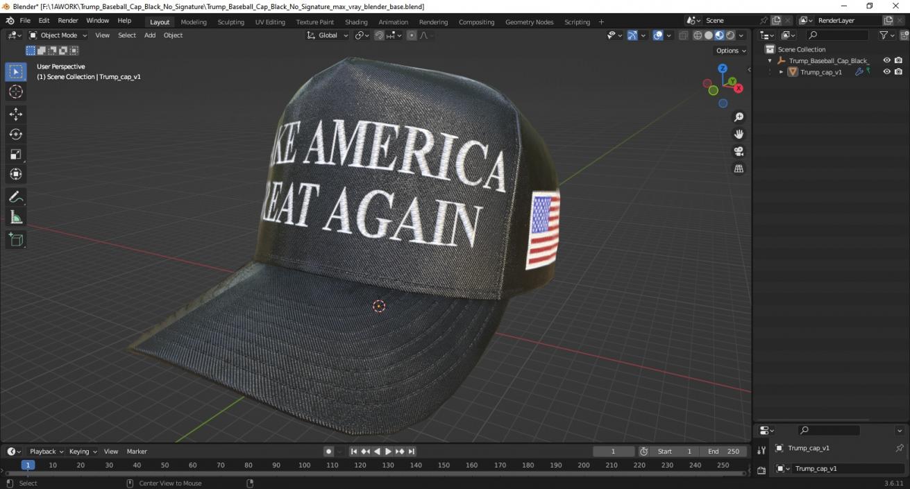 Trump Baseball Cap Black No Signature 3D