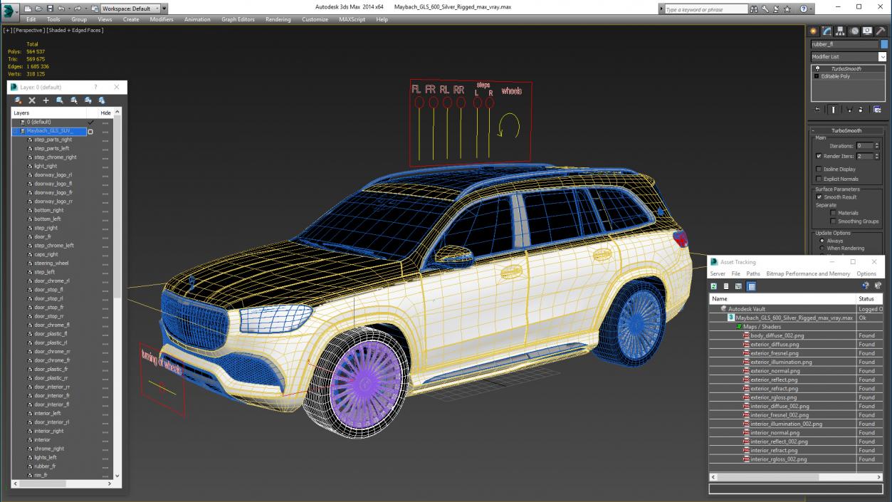 Maybach GLS 600 Silver Rigged 3D model