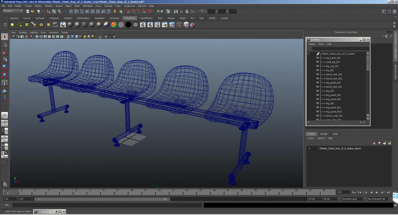 3D model Plastic Chairs Row of 5 Seater