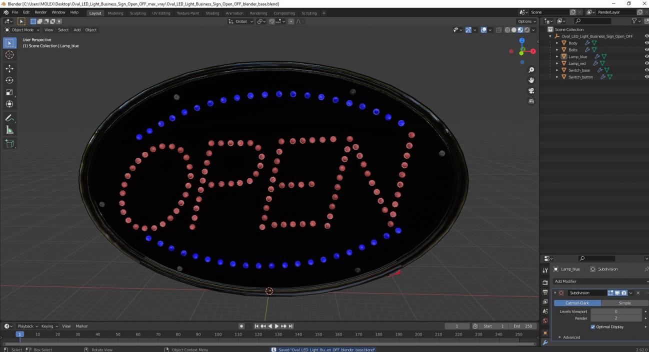 Oval LED Light Business Sign Open OFF 3D