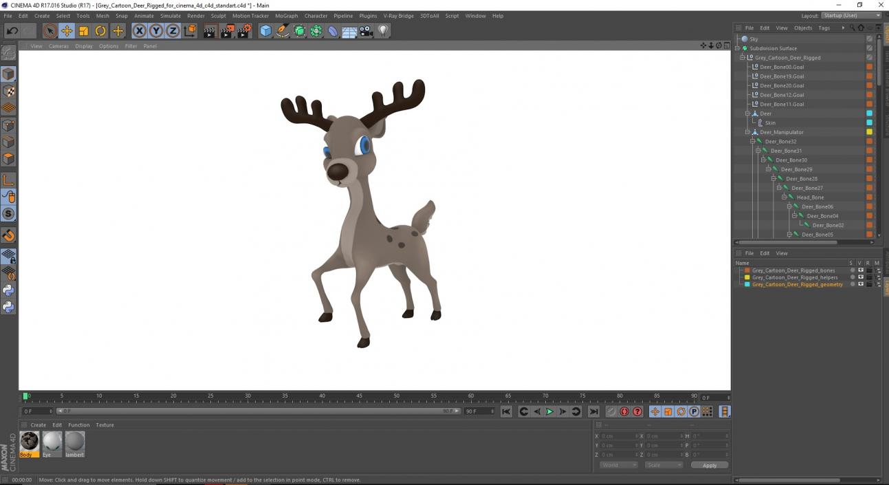 3D Grey Cartoon Deer Rigged for Cinema 4D model