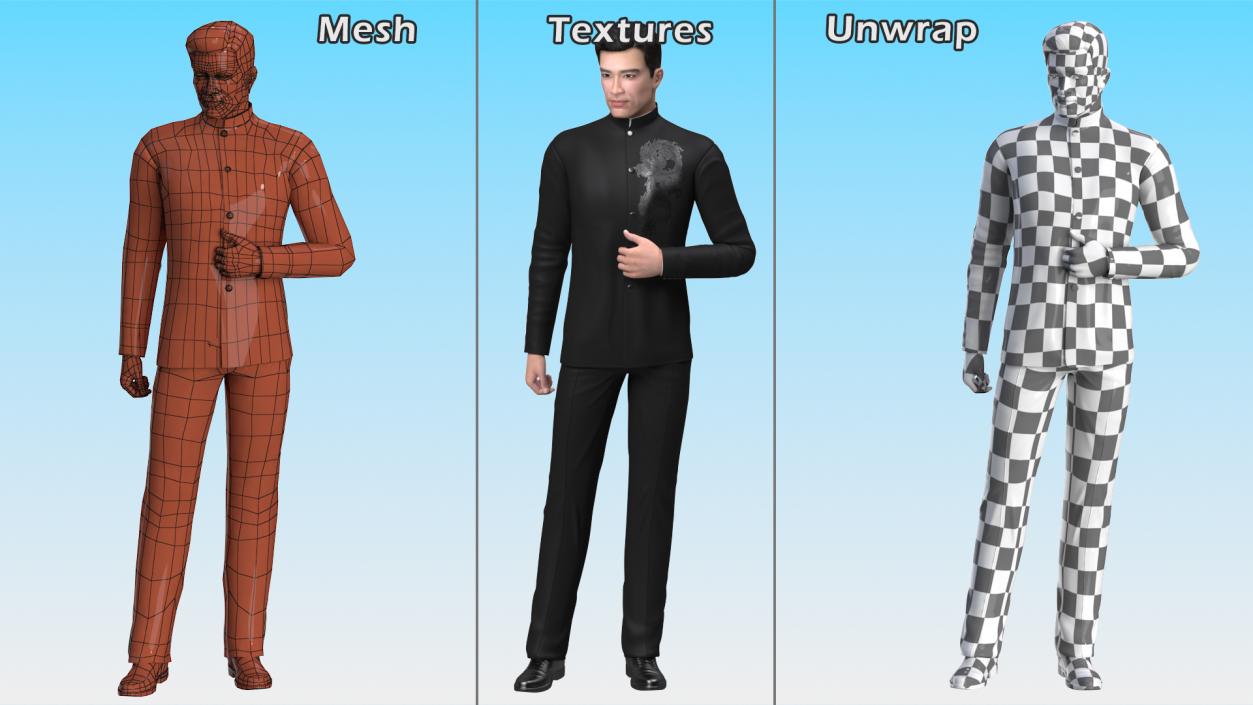 Asian Man Tunic Suit Standing Pose 3D model