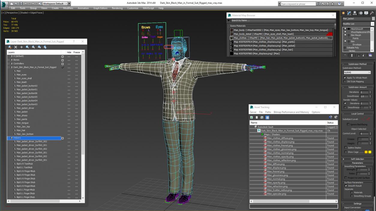 3D Dark Skin Black Man in Formal Suit Rigged