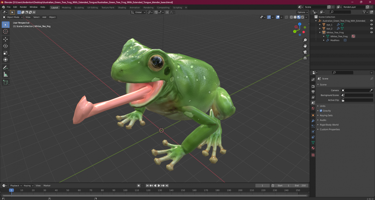 Australian Green Tree Frog With Extended Tongue 3D