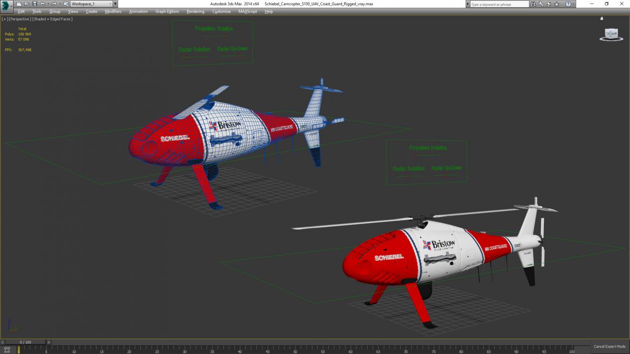 3D Schiebel Camcopter S100 UAV Coast Guard Rigged