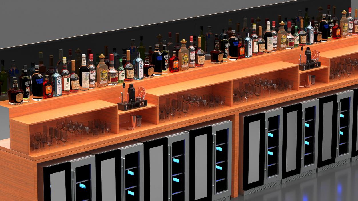 3D Bar Shelve with Alcohols and Wine Coolers