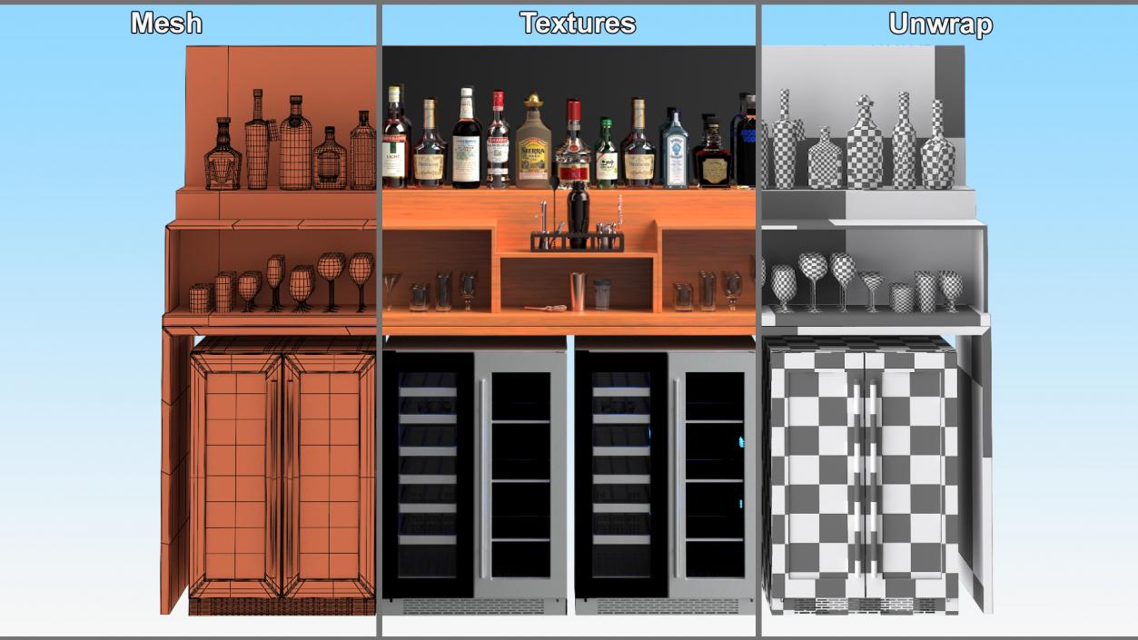 3D Bar Shelve with Alcohols and Wine Coolers