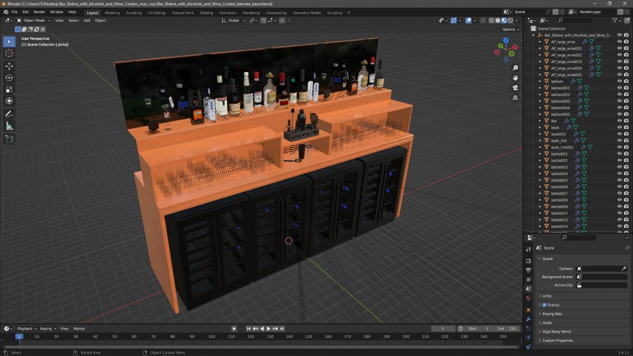 3D Bar Shelve with Alcohols and Wine Coolers