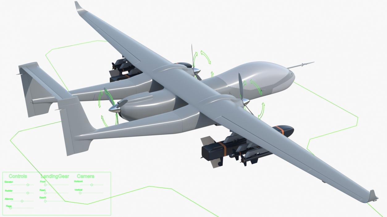 Twin-Boom Unmanned Combat Aerial Vehicle Rigged 3D