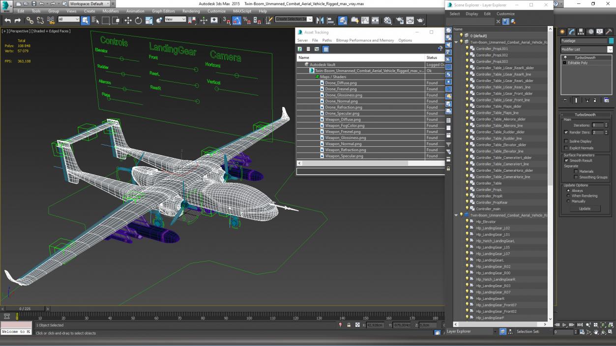 Twin-Boom Unmanned Combat Aerial Vehicle Rigged 3D