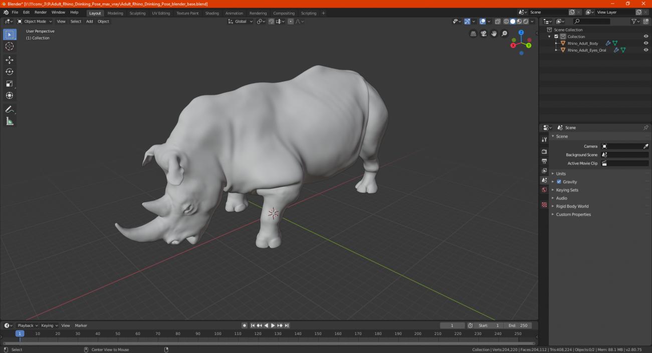 3D model Adult Rhino Drinking Pose