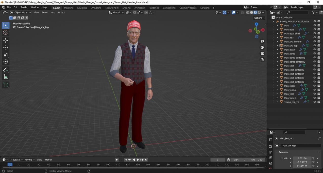 3D model Elderly Man in Casual Wear and Trump Hat