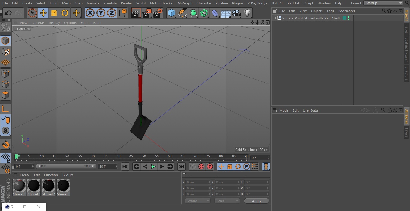 Square Point Shovel with Red Shaft 3D model