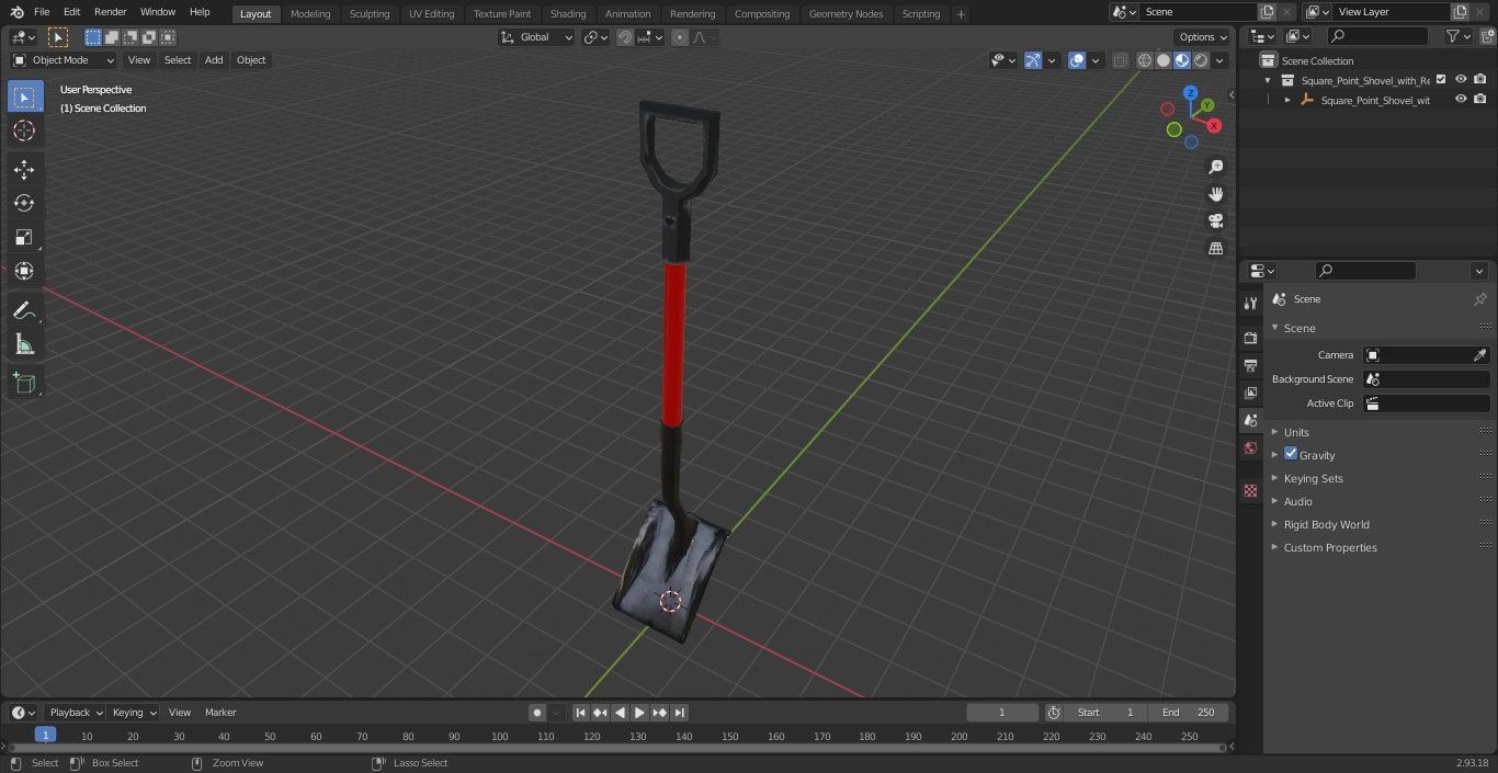 Square Point Shovel with Red Shaft 3D model