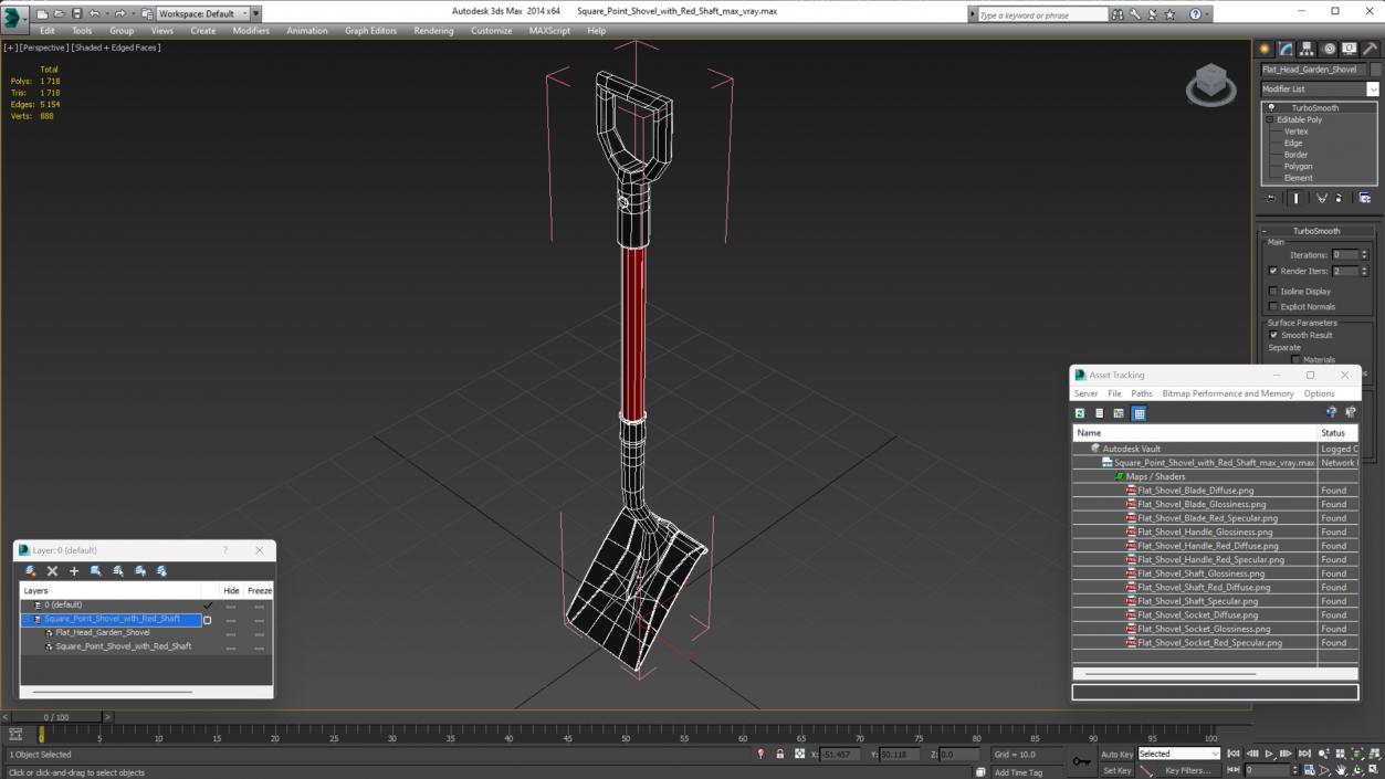 Square Point Shovel with Red Shaft 3D model