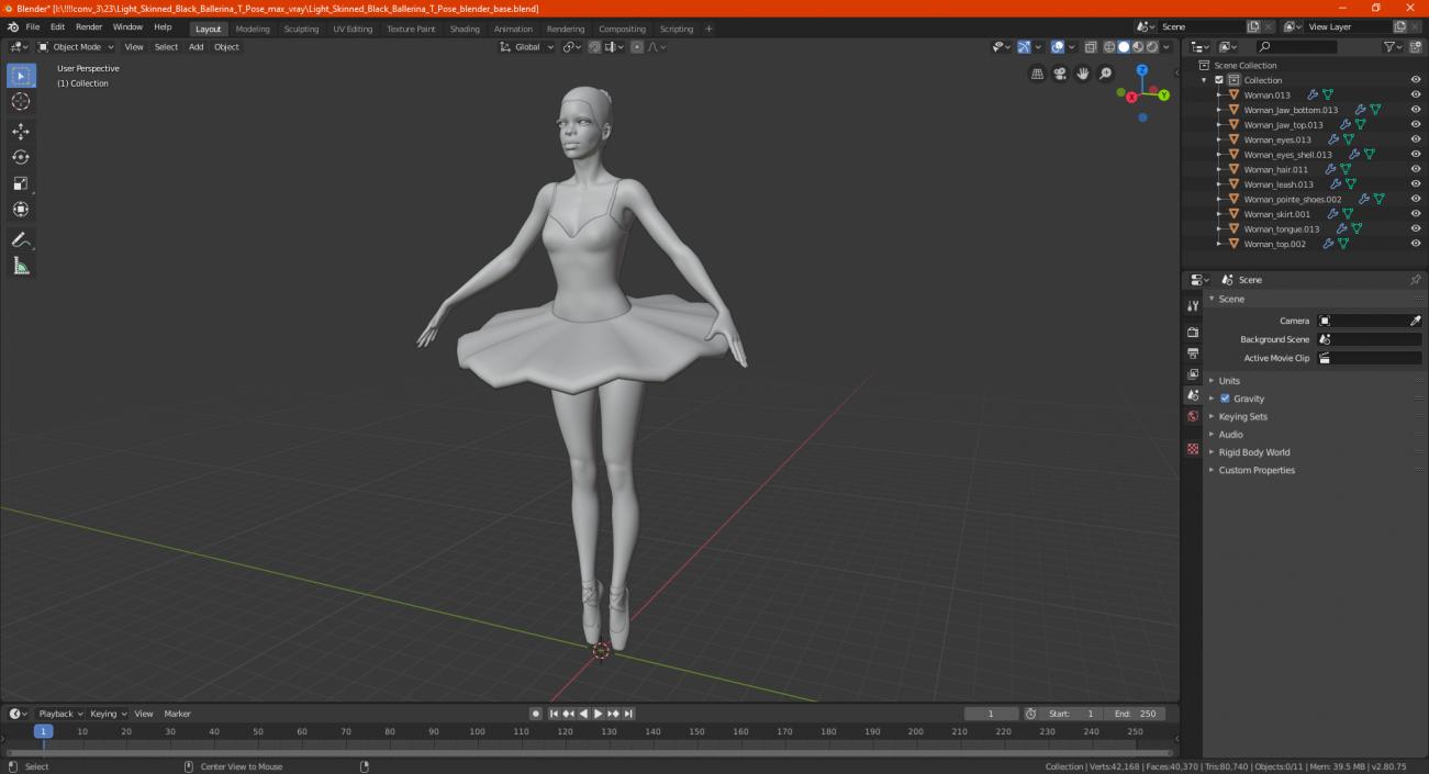 3D Light Skinned Black Ballerina T Pose